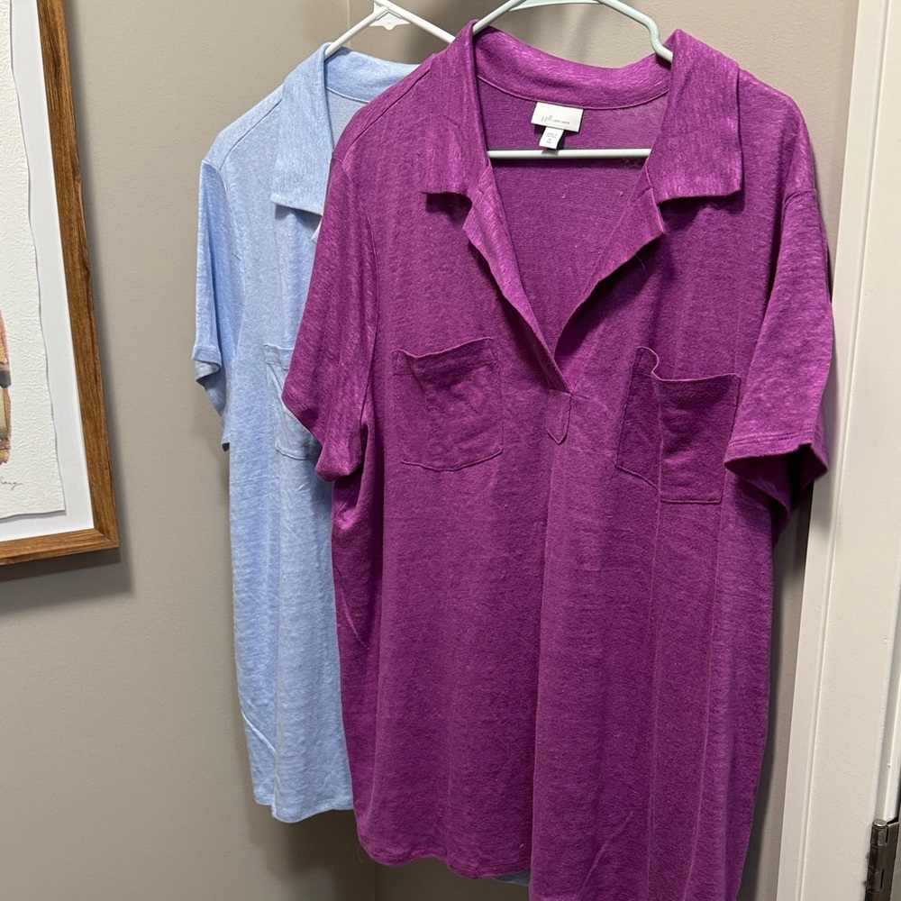 J. Jill Short Sleeve Linen Polo Tee in Magenta and Light Blue- set of 2